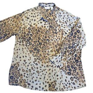 Apostrophe Button Front Blouse Tunic Women 22W Animal Print Ruched Sleeves Sheer